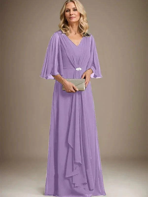 A-line V-Neck Floor-Length Chiffon Mother of the Bride Dress With Cascading Ruffles Crystal Brooch - Image 23