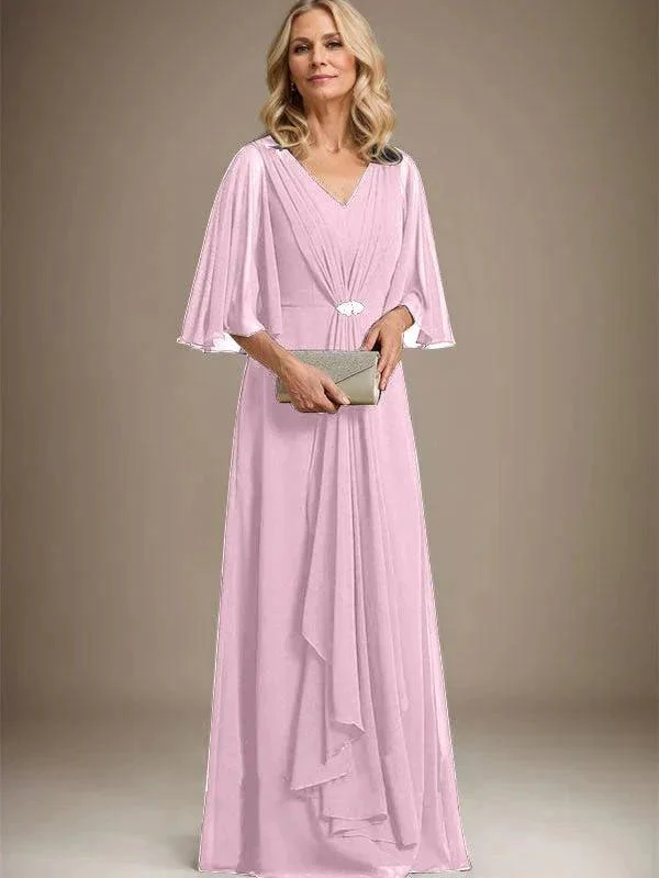 A-line V-Neck Floor-Length Chiffon Mother of the Bride Dress With Cascading Ruffles Crystal Brooch - Image 24