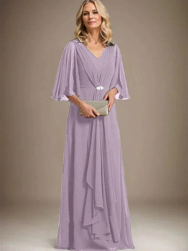 A-line V-Neck Floor-Length Chiffon Mother of the Bride Dress With Cascading Ruffles Crystal Brooch - Image 25