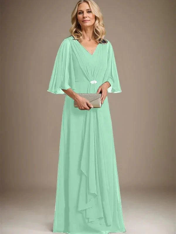A-line V-Neck Floor-Length Chiffon Mother of the Bride Dress With Cascading Ruffles Crystal Brooch - Image 26