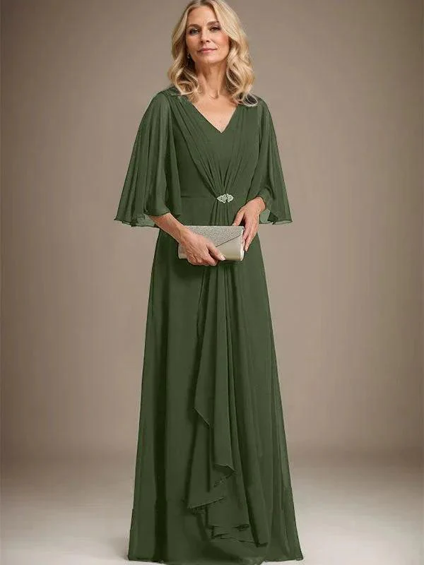 A-line V-Neck Floor-Length Chiffon Mother of the Bride Dress With Cascading Ruffles Crystal Brooch - Image 28