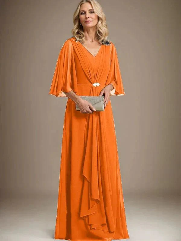 A-line V-Neck Floor-Length Chiffon Mother of the Bride Dress With Cascading Ruffles Crystal Brooch - Image 29