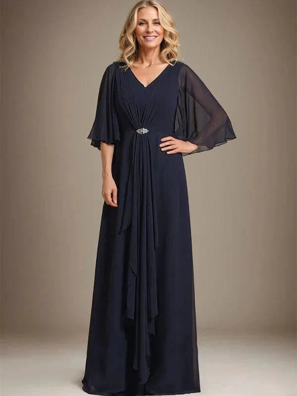 A-line V-Neck Floor-Length Chiffon Mother of the Bride Dress With Cascading Ruffles Crystal Brooch - Image 3
