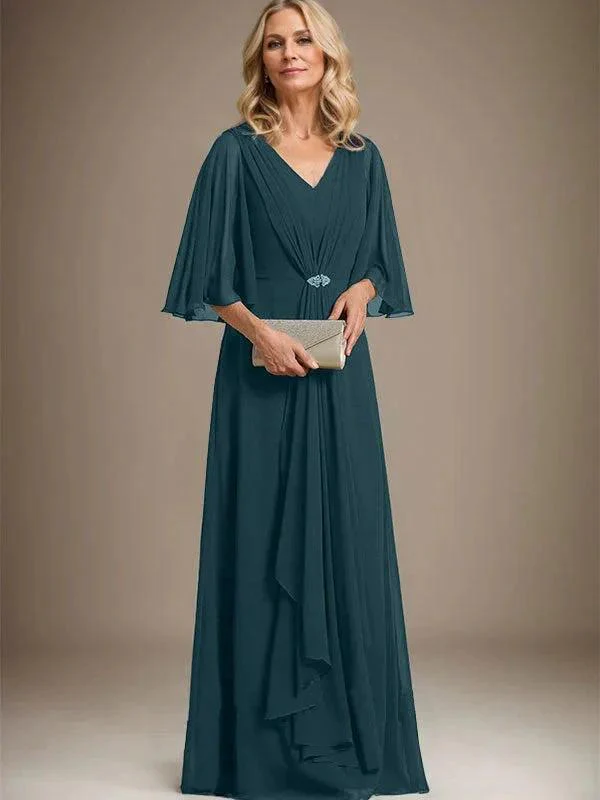 A-line V-Neck Floor-Length Chiffon Mother of the Bride Dress With Cascading Ruffles Crystal Brooch - Image 30