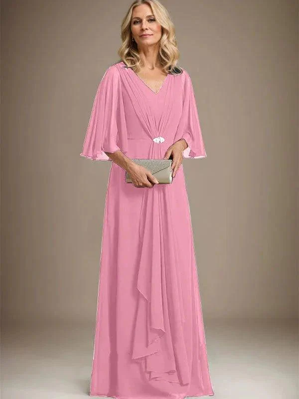 A-line V-Neck Floor-Length Chiffon Mother of the Bride Dress With Cascading Ruffles Crystal Brooch - Image 31