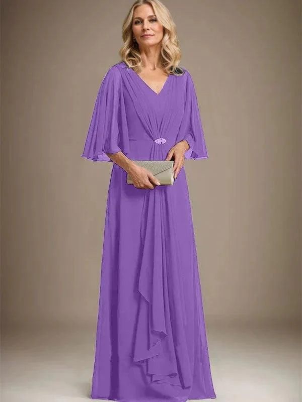 A-line V-Neck Floor-Length Chiffon Mother of the Bride Dress With Cascading Ruffles Crystal Brooch - Image 32