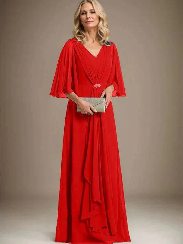 A-line V-Neck Floor-Length Chiffon Mother of the Bride Dress With Cascading Ruffles Crystal Brooch - Image 33