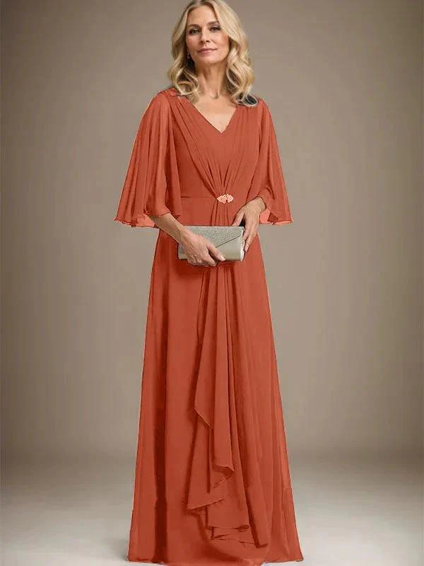 A-line V-Neck Floor-Length Chiffon Mother of the Bride Dress With Cascading Ruffles Crystal Brooch - Image 35