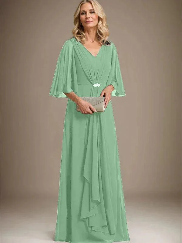 A-line V-Neck Floor-Length Chiffon Mother of the Bride Dress With Cascading Ruffles Crystal Brooch - Image 36