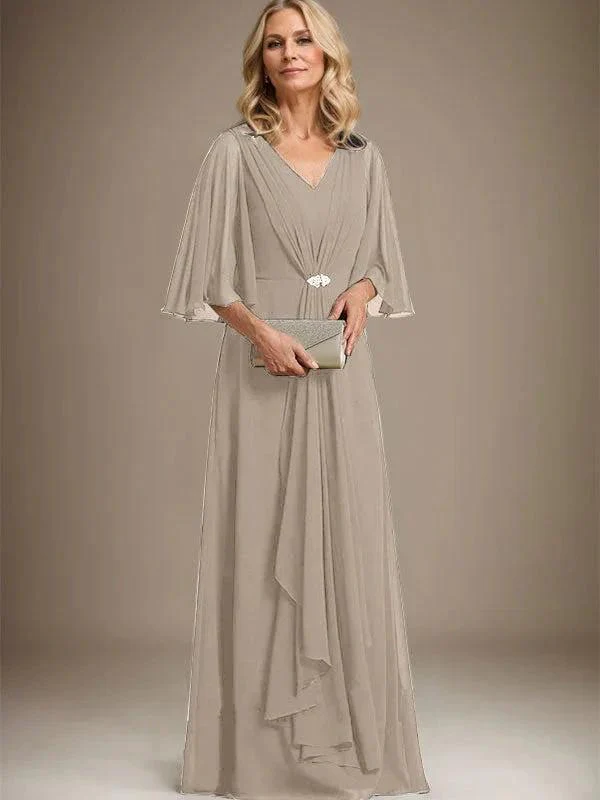 A-line V-Neck Floor-Length Chiffon Mother of the Bride Dress With Cascading Ruffles Crystal Brooch - Image 37