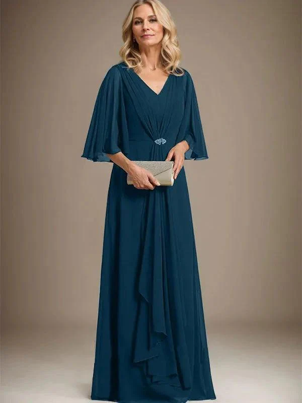 A-line V-Neck Floor-Length Chiffon Mother of the Bride Dress With Cascading Ruffles Crystal Brooch - Image 38