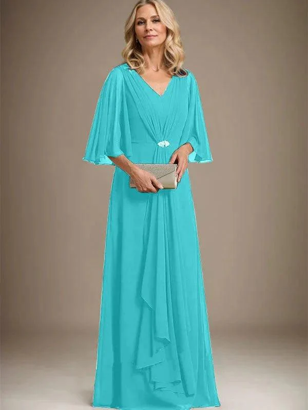 A-line V-Neck Floor-Length Chiffon Mother of the Bride Dress With Cascading Ruffles Crystal Brooch - Image 39