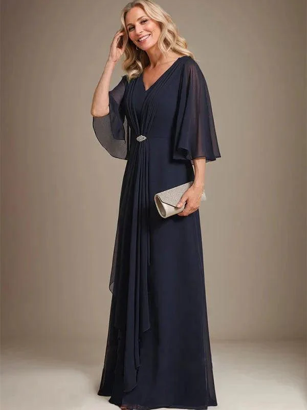 A-line V-Neck Floor-Length Chiffon Mother of the Bride Dress With Cascading Ruffles Crystal Brooch - Image 4