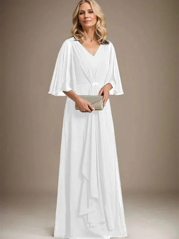 A-line V-Neck Floor-Length Chiffon Mother of the Bride Dress With Cascading Ruffles Crystal Brooch - Image 40