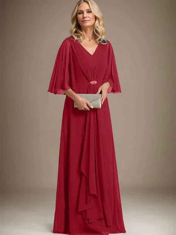 A-line V-Neck Floor-Length Chiffon Mother of the Bride Dress With Cascading Ruffles Crystal Brooch - Image 41