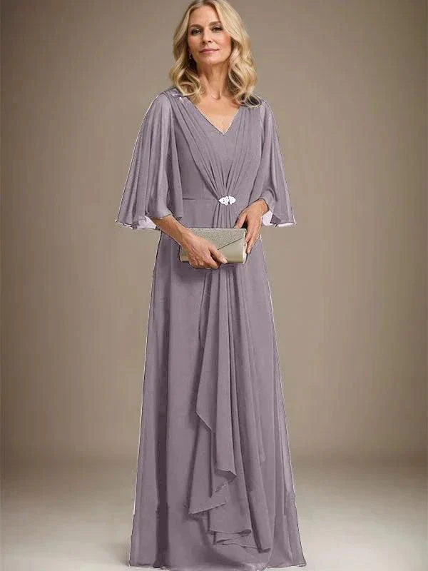 A-line V-Neck Floor-Length Chiffon Mother of the Bride Dress With Cascading Ruffles Crystal Brooch - Image 42