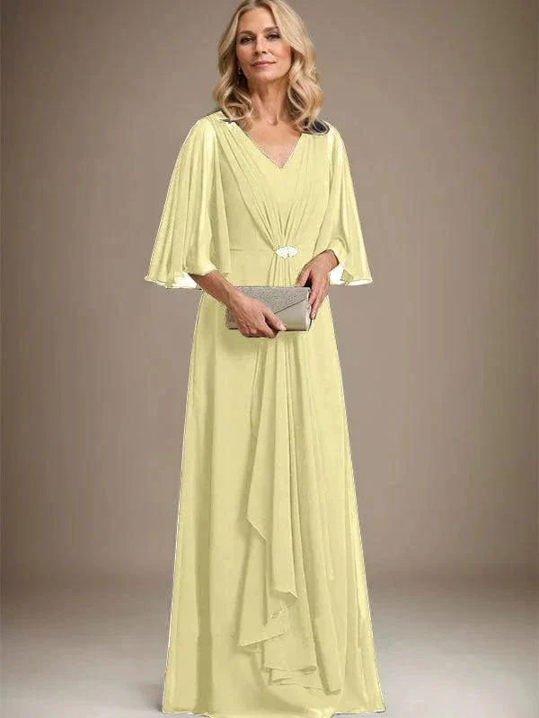A-line V-Neck Floor-Length Chiffon Mother of the Bride Dress With Cascading Ruffles Crystal Brooch - Image 43