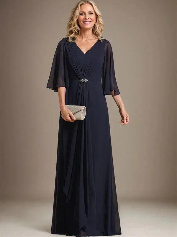 A-line V-Neck Floor-Length Chiffon Mother of the Bride Dress With Cascading Ruffles Crystal Brooch - Image 6