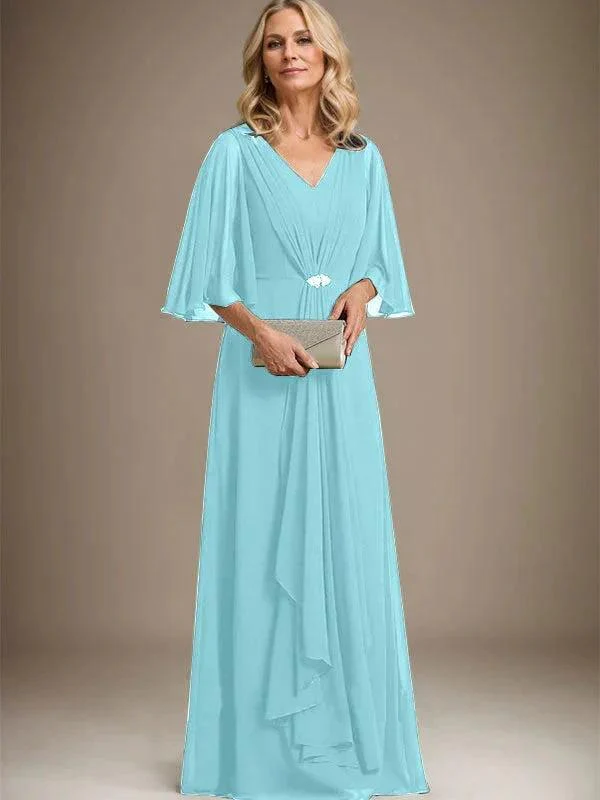 A-line V-Neck Floor-Length Chiffon Mother of the Bride Dress With Cascading Ruffles Crystal Brooch - Image 7