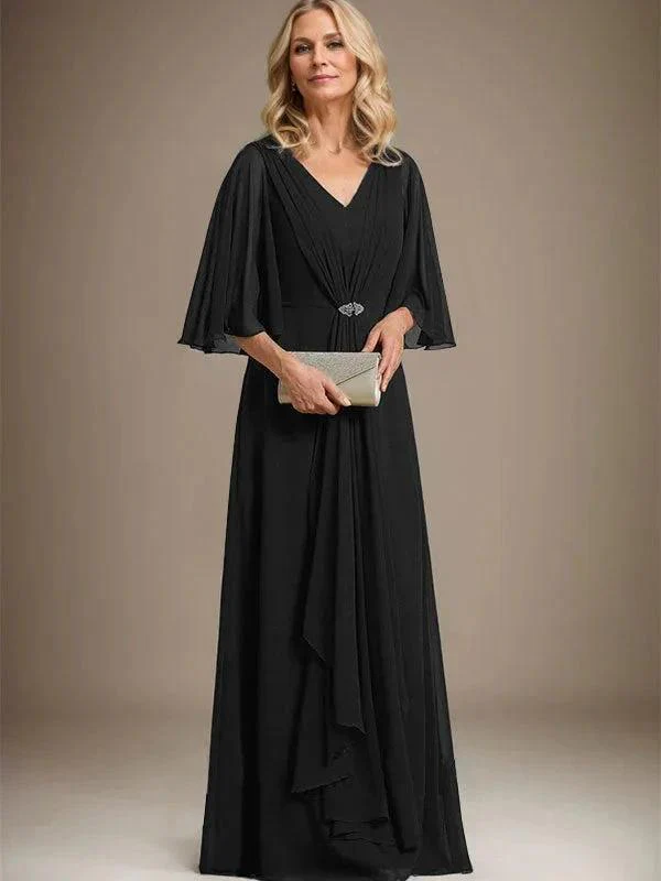 A-line V-Neck Floor-Length Chiffon Mother of the Bride Dress With Cascading Ruffles Crystal Brooch - Image 8