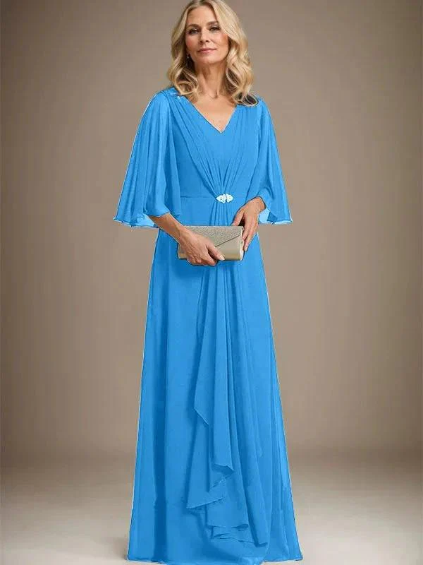 A-line V-Neck Floor-Length Chiffon Mother of the Bride Dress With Cascading Ruffles Crystal Brooch - Image 9