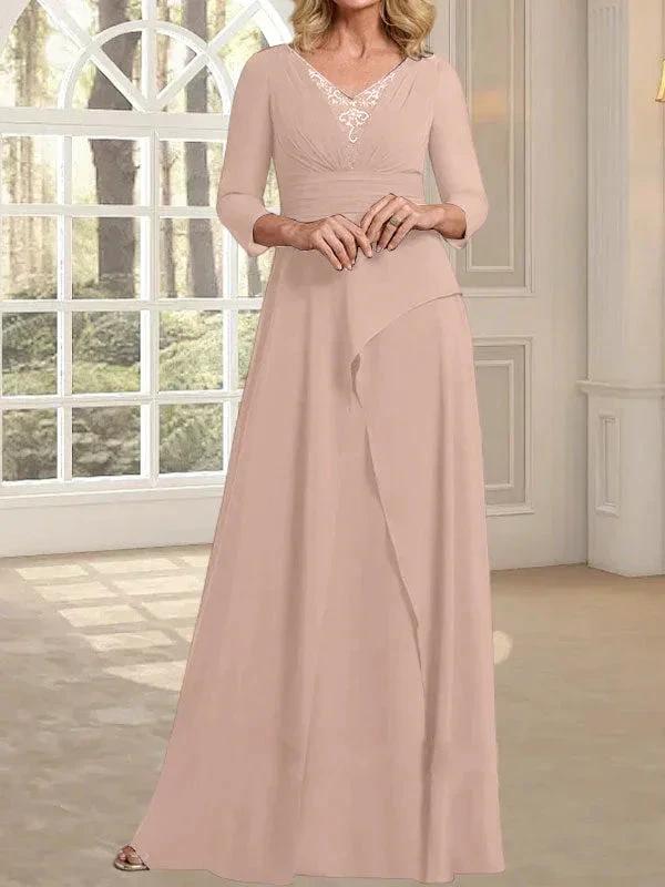 A-line V-Neck Floor-Length Chiffon Mother of the Bride Dress With Pleated Beading - Image 11