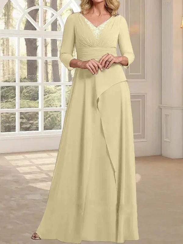 A-line V-Neck Floor-Length Chiffon Mother of the Bride Dress With Pleated Beading - Image 12