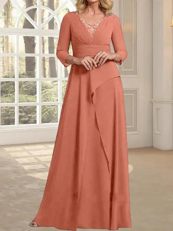 A-line V-Neck Floor-Length Chiffon Mother of the Bride Dress With Pleated Beading - Image 13
