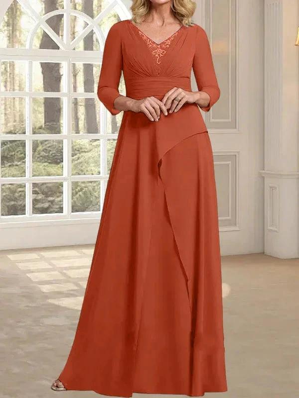 A-line V-Neck Floor-Length Chiffon Mother of the Bride Dress With Pleated Beading - Image 14