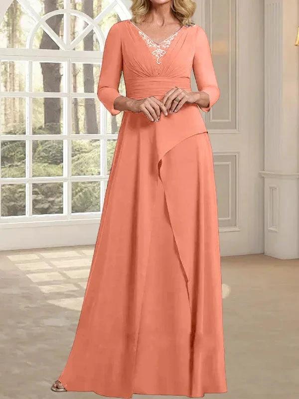 A-line V-Neck Floor-Length Chiffon Mother of the Bride Dress With Pleated Beading - Image 15