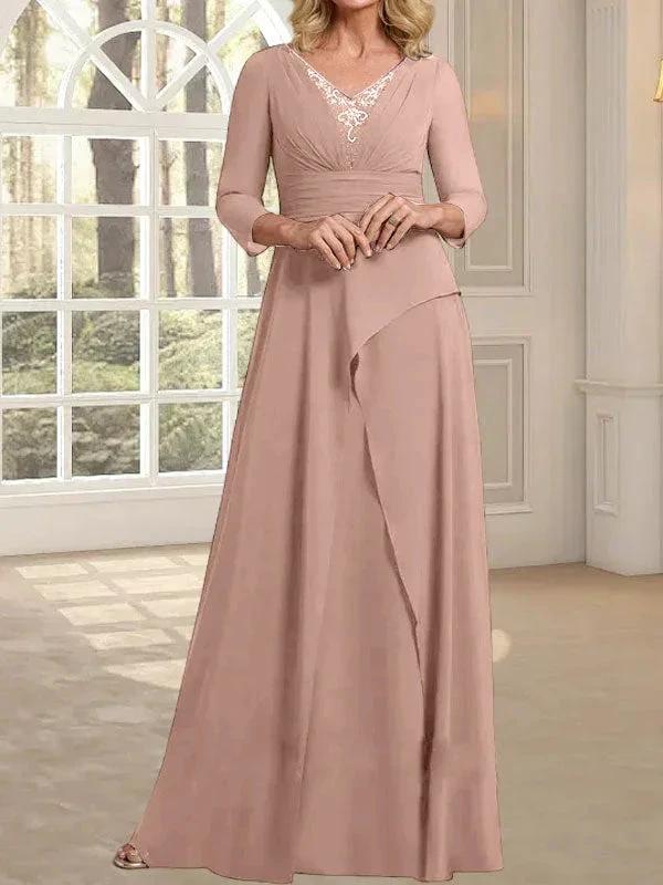A-line V-Neck Floor-Length Chiffon Mother of the Bride Dress With Pleated Beading - Image 16