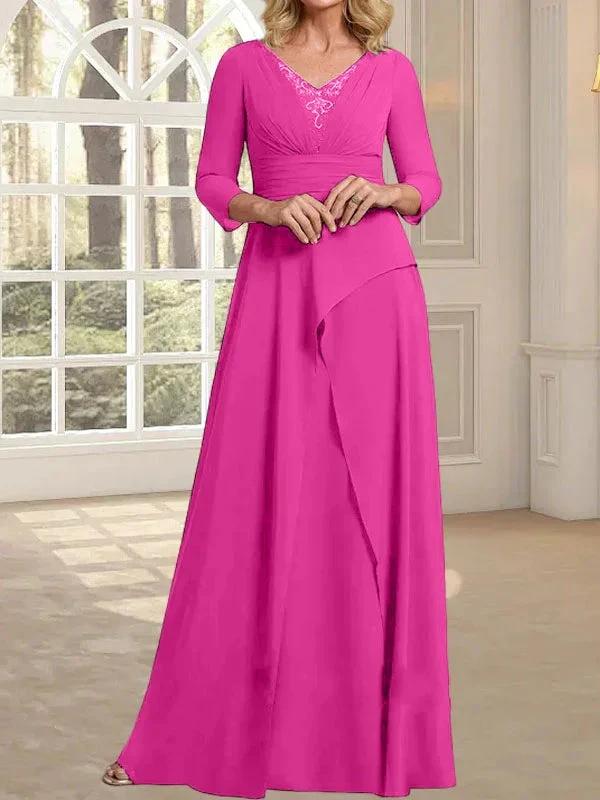 A-line V-Neck Floor-Length Chiffon Mother of the Bride Dress With Pleated Beading - Image 17