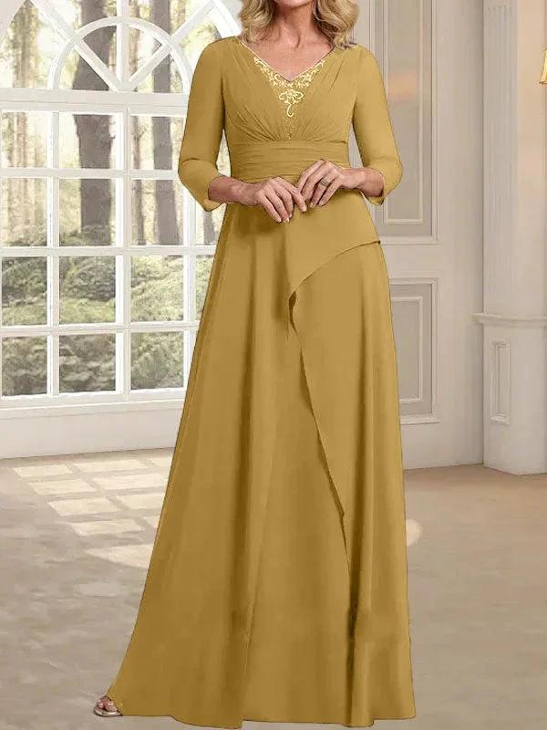 A-line V-Neck Floor-Length Chiffon Mother of the Bride Dress With Pleated Beading - Image 18
