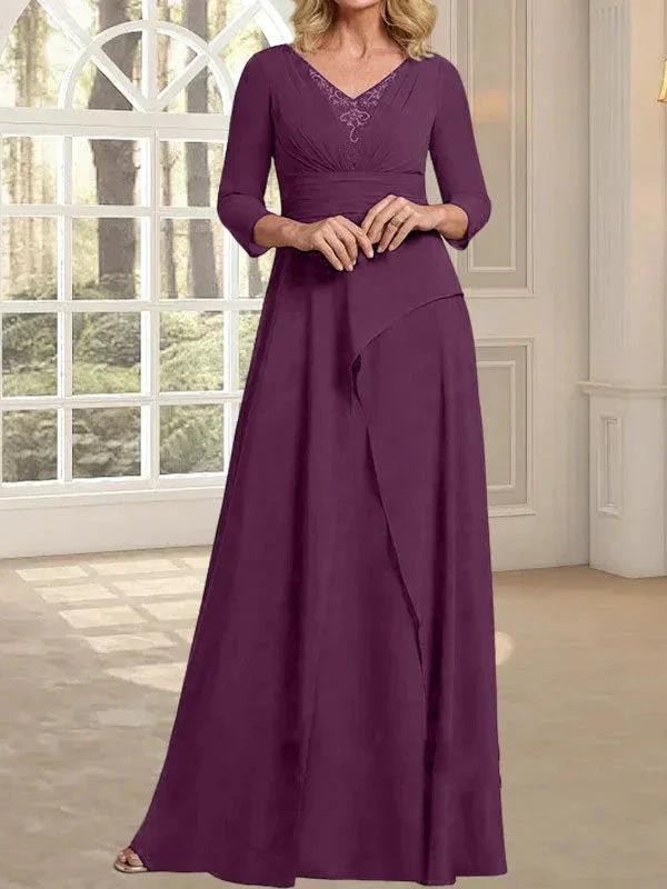 A-line V-Neck Floor-Length Chiffon Mother of the Bride Dress With Pleated Beading - Image 19