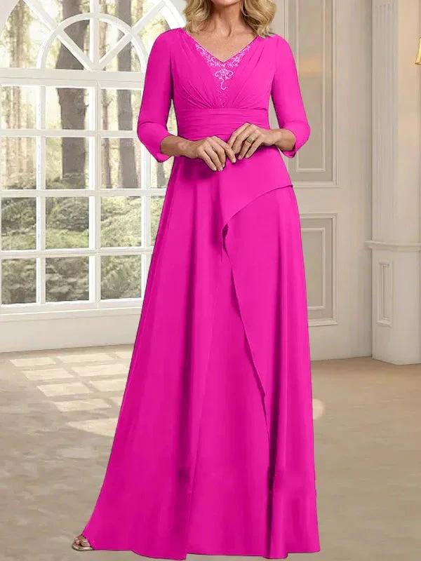 A-line V-Neck Floor-Length Chiffon Mother of the Bride Dress With Pleated Beading - Image 20