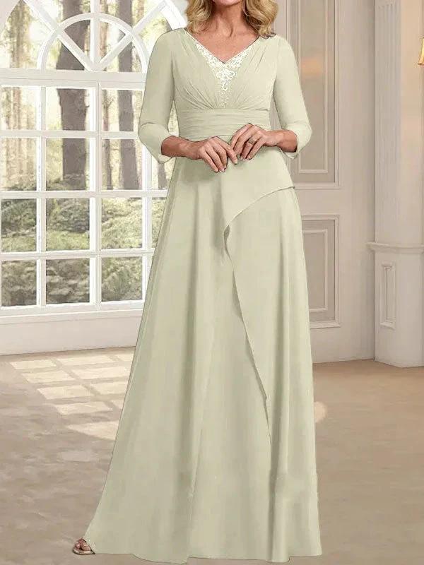 A-line V-Neck Floor-Length Chiffon Mother of the Bride Dress With Pleated Beading - Image 21