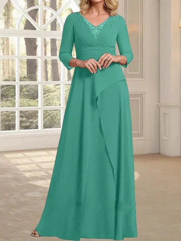 A-line V-Neck Floor-Length Chiffon Mother of the Bride Dress With Pleated Beading - Image 22