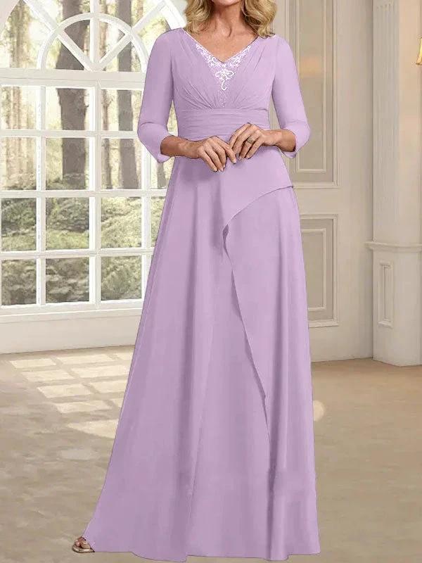 A-line V-Neck Floor-Length Chiffon Mother of the Bride Dress With Pleated Beading - Image 23