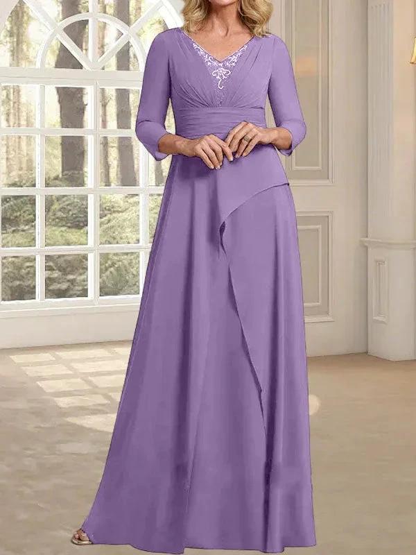 A-line V-Neck Floor-Length Chiffon Mother of the Bride Dress With Pleated Beading - Image 24