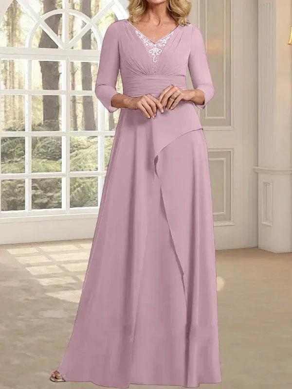 A-line V-Neck Floor-Length Chiffon Mother of the Bride Dress With Pleated Beading - Image 25