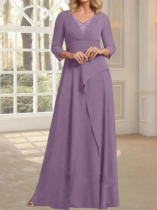 A-line V-Neck Floor-Length Chiffon Mother of the Bride Dress With Pleated Beading - Image 26