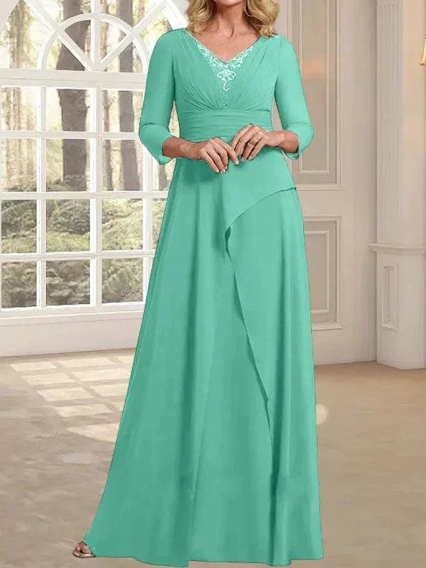 A-line V-Neck Floor-Length Chiffon Mother of the Bride Dress With Pleated Beading - Image 27
