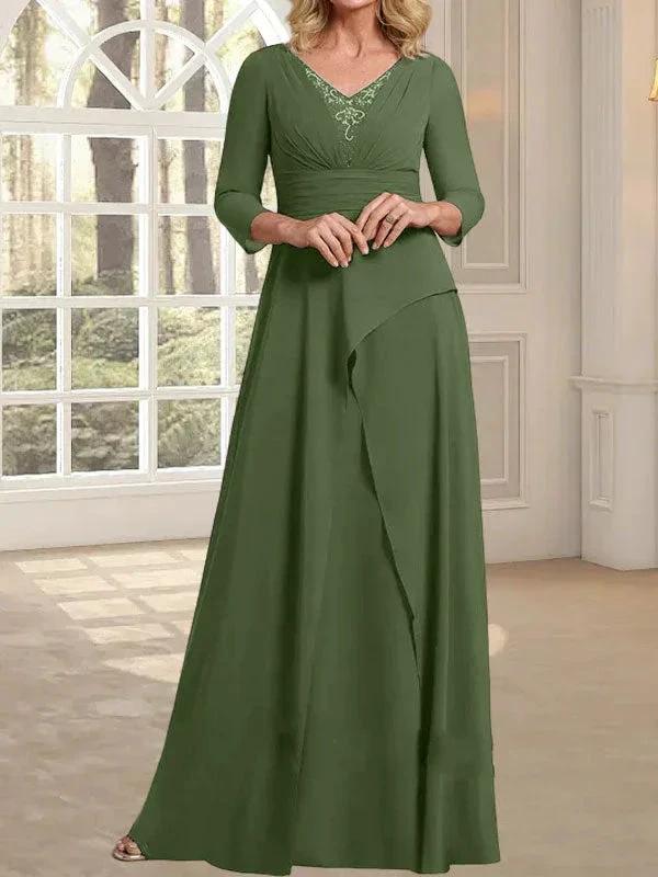 A-line V-Neck Floor-Length Chiffon Mother of the Bride Dress With Pleated Beading - Image 29