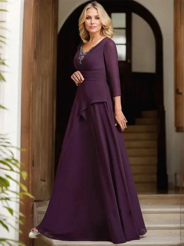 A-line V-Neck Floor-Length Chiffon Mother of the Bride Dress With Pleated Beading - Image 3