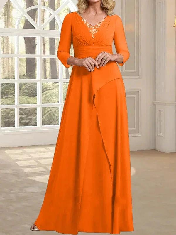 A-line V-Neck Floor-Length Chiffon Mother of the Bride Dress With Pleated Beading - Image 30