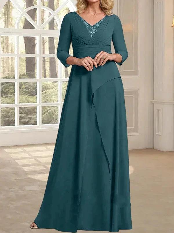 A-line V-Neck Floor-Length Chiffon Mother of the Bride Dress With Pleated Beading - Image 31