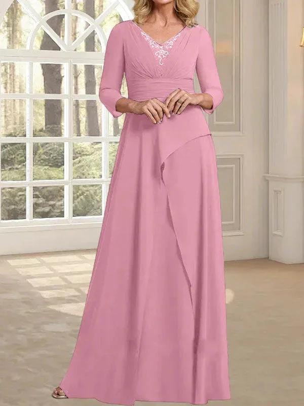 A-line V-Neck Floor-Length Chiffon Mother of the Bride Dress With Pleated Beading - Image 32