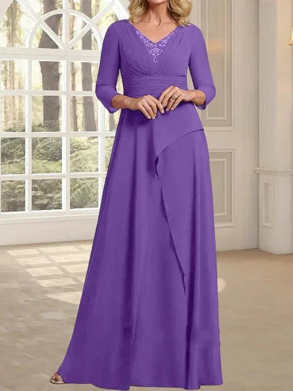 A-line V-Neck Floor-Length Chiffon Mother of the Bride Dress With Pleated Beading - Image 33