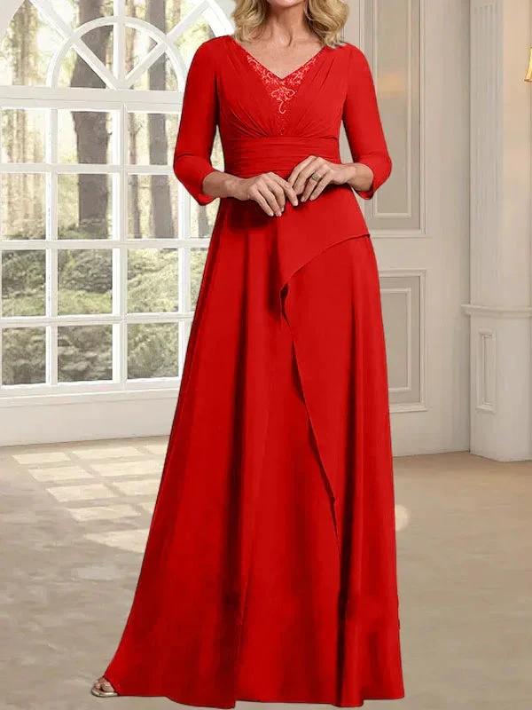 A-line V-Neck Floor-Length Chiffon Mother of the Bride Dress With Pleated Beading - Image 34