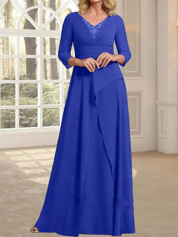 A-line V-Neck Floor-Length Chiffon Mother of the Bride Dress With Pleated Beading - Image 35